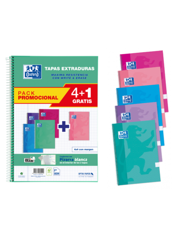 Oxford School Classic Write&Erase Pack 4 1 F-- Cuaderno Espiral - Tapa Extradura - 4x4 con Margen - 80 Hojas - Colores