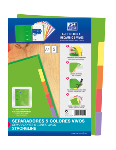 Oxford Strongline A4 Separadores 5 Posiciones - 4 Taladros - Cartulina 200gr - Colores Surtidos