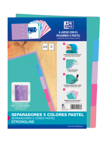 Oxford Strongline A4 Separadores 5 Posiciones - 4 Taladros - Cartulina 200gr - Colores Surtidos