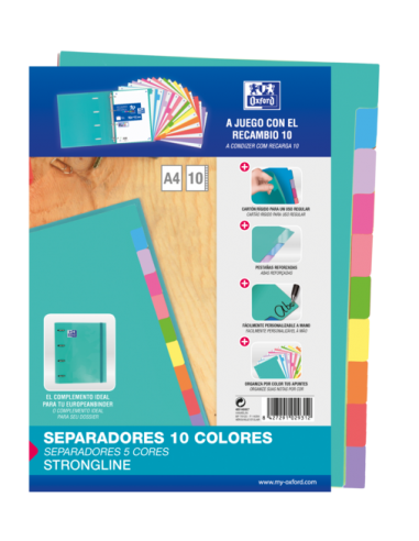 Oxford Strongline A4 Separadores - 10 Posiciones de Diferentes Colores - 4 Taladros - Cartulina 200gr