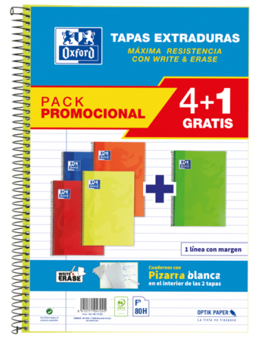 Oxford School Classic Write&Erase Pack 4 1 F-- Cuaderno Espiral - Tapa Extradura - 1 Linea con Margen - 80 Hojas - Colores