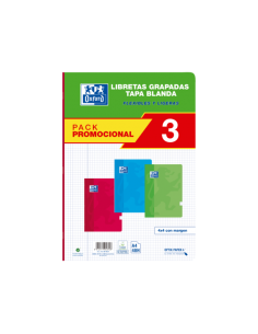 Oxford School Classic Pack 3 - Libreta Grapada A4 - Tapa Blanda - 4x4 con Margen - 48 Hojas - 3 Colores