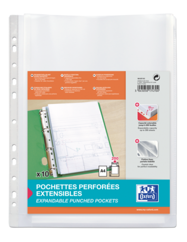 Oxford A4 Fundas Multitaladro Gran Capacidad - Fuelle Polipropileno 200µ - Acabado Cristal
