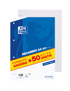 Oxford School Classic A4 Recambio - Paquete 4x4 con Margen - 200 Hojas-50 Hojas Gratis