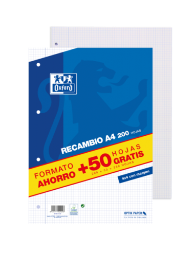 Oxford School Classic A4 Recambio - Paquete 4x4 con Margen - 200 Hojas-50 Hojas Gratis