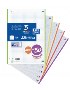 Oxford School Pack de 5 A4 Recambio - 5x5 Promocion - 200 50 Hojas - Colores Surtidos