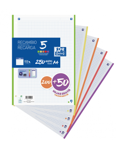 Oxford School Pack de 5 A4 Recambio - 5x5 Promocion - 200 50 Hojas - Colores Surtidos