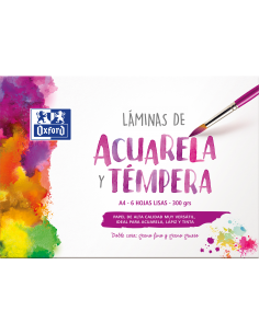 Oxford Pintura Escolar Sobre de Laminas de Acuarela y Tempera A4 - 6 Hojas de 300gr - Ideal para Proyectos Escolares -