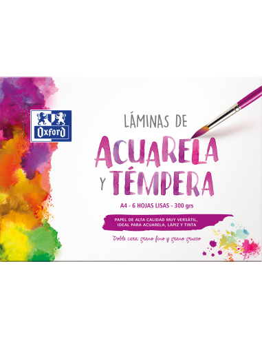 Oxford Pintura Escolar Sobre de Laminas de Acuarela y Tempera A4 - 6 Hojas de 300gr - Ideal para Proyectos Escolares -
