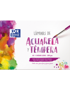 Oxford Pintura Escolar - Sobre de Laminas de Acuarela y Tempera A3 - 6 Hojas de 300gr - Papel Liso de Alta Calidad