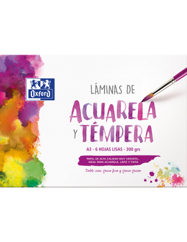 Oxford Pintura Escolar - Sobre de Laminas de Acuarela y Tempera A3 - 6 Hojas de 300gr - Papel Liso de Alta Calidad