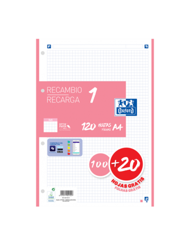 Oxford School A4 Recambio - 100 20 Hojas - Promocion 5x5 - Color Rosa Chicle