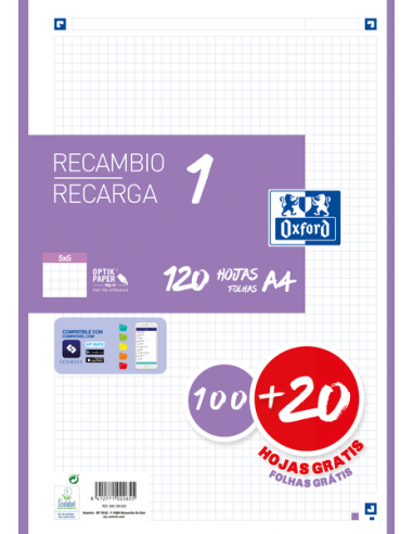 Oxford School A4 Recambio - 5x5 - Promocion 100 20 Hojas - Color Lila