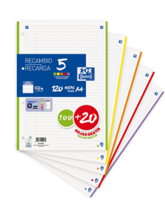 Oxford School Pack de 5 A4 Recambio - 1 Linea Promocion - 100 20 Hojas - Colores Surtidos