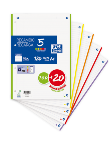 Oxford School Pack de 5 A4 Recambio - 1 Linea Promocion - 100 20 Hojas - Colores Surtidos