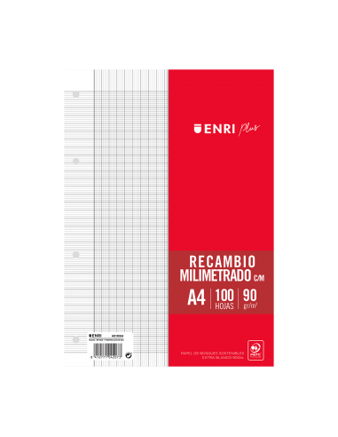 Enri Plus 90gr A4 Recambio Milimetrado - Papel de 90gr - Formato A4 - con Margen - 4 Taladros - 100 Hojas