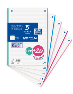 Oxford School Pack de 5 A4 Recambio - 1 Linea Promocion - 100 20 Hojas - Colores Surtidos