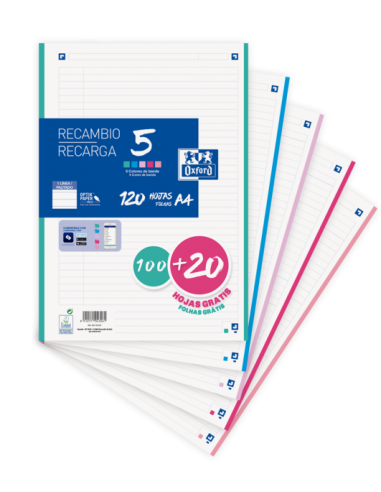 Oxford School Pack de 5 A4 Recambio - 1 Linea Promocion - 100 20 Hojas - Colores Surtidos