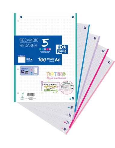 Oxford School Pack de 5 A4 Recambio - Dots 100 Hojas - Colores Surtidos