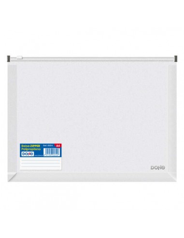 Dohe Bolsa Zipper Apaisada de Polipropileno Transparente - 180 Micras - Cierre Zip Hermetico Blanco - Lomo Expansible 30mm -