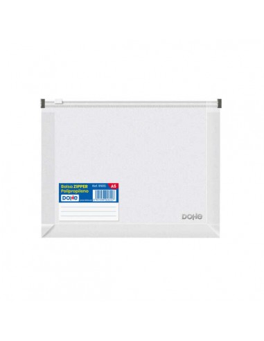 Dohe Bolsa Zipper Apaisada de Polipropileno Transparente - 180 Micras - Cierre Zip Hermetico Blanco - Lomo Expansible 30mm -