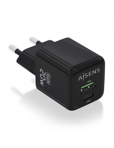 Aisens Cargador Gan 20W - 1xUSB-C PD3.0 QC4.0 - 1xUSB-A QC3.0 - Color Negro