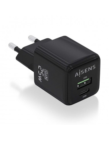 Aisens Cargador Gan 25W - 1xUSB-C PD3.0 QC4.0 - 1xUSB-A QC3.0 - Color Negro
