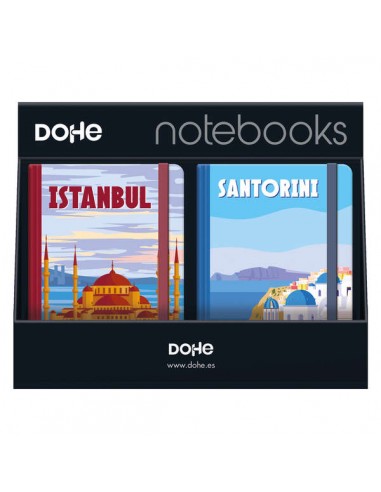 Dohe Expositor con 12 Notebooks Tamaño A5 - 12x17cm - Incluye Notebooks de Santorini-Montecarlo-Italy e Istambul - Ideal
