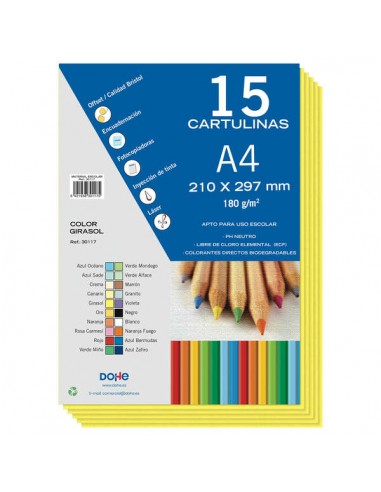 Dohe Paquete de 15 Hojas de Cartulinas A4 - 210x297mm - Gramaje de 180 G M² - Colores Surtidos
