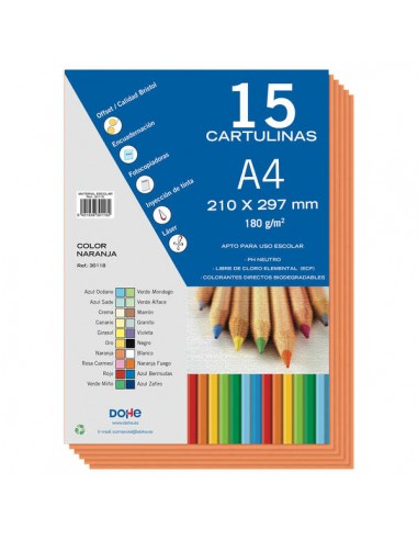 Dohe Paquete de 15 Hojas de Cartulinas A4 - 210x297mm - Gramaje de 180 G M² - Colores Surtidos
