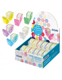 Dohe Expositor con 12 Dispensadores de Cinta Adhesiva - Cinta Adhesiva de 18mmx20M - Practico y Versatil - Colores Surtidos