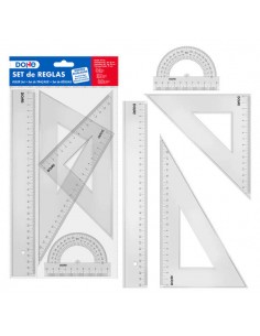 Dohe Set de Reglas - Regla-Escuadra-Cartabon y Transportador - Plastico Inyectado Transparente Cristal - Cantos Biselados y