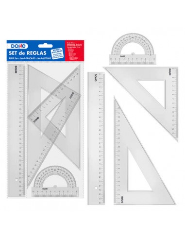 Dohe Set de Reglas - Regla-Escuadra-Cartabon y Transportador - Plastico Inyectado Transparente Cristal - Cantos Biselados y
