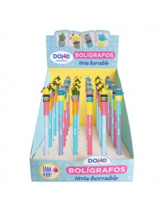 Dohe Expositor de 36 Boligrafos Cactus - Tinta Azul Borrable - Capucha con Motivo Cactus