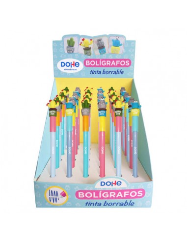 Dohe Expositor de 36 Boligrafos Cactus - Tinta Azul Borrable - Capucha con Motivo Cactus