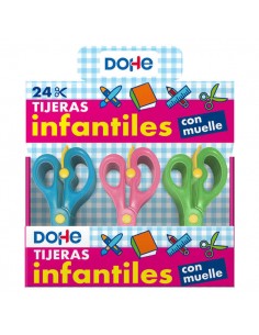 Dohe Expositor de 24 Tijeras Escolares de 136mm - Hojas y Mango Ergonomico de Plastico - Puntas Redondeadas - Muelle para