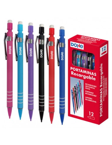 Dohe Portaminas Recargable con Cuerpo de Plastico - Zona Estriada para Agarre - Clip Metalico - Pulsador con Goma de Borrar -