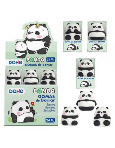 Dohe Expositor de 24 Gomas de Borrar Panda - Fabricada en PVC - Forma de Panda - Suave y Agradable Tacto - Caja Transparente