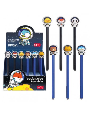Dohe Expositor de 24 Boligrafos Tinta Borrable - Cuerpo Plastico Color - Tapa Decorada Astronautas-Animales - Punta Bola