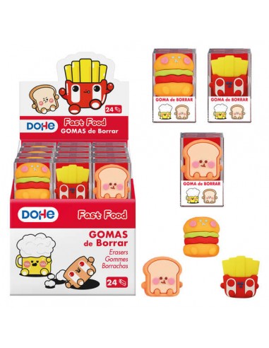 Dohe Expositor de 24 Gomas de Borrar en PVC con Forma de Alimentos - Suave Tacto - Caja Transparente Individual