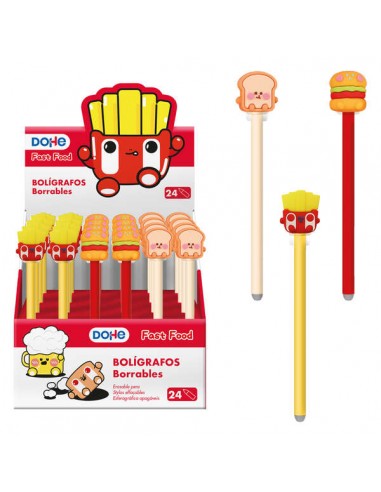 Dohe Expositor de 24 Boligrafos Tinta Borrable - Cuerpo Plastico Colorido - Tapa Decorada Motivos Alimentos - Punta Bola