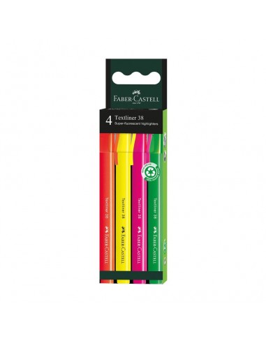 Faber-Castell Textliner 38 Pack de 4 Marcadores Fluorescentes - Cuerpo Fino - Punta Biselada - Trazo Grueso y Fino - Tinta