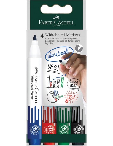 Faber-Castell W20 Pack de 4 Rotuladores para Pizarra Blanca - Punta de Bala - Ancho de Linea 2 25mm - Borrado en Seco -
