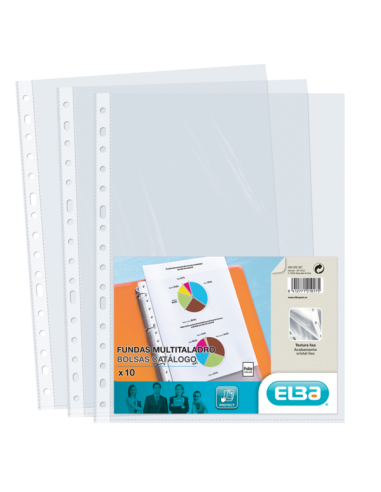Elba Pack de 10 Fundas Multitaladro Standard Folio - Material de PP de 70-- Transparente y Cristalino