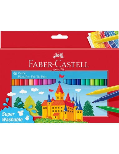 Faber-Castell Castle Pack de 50 Rotuladores - Tinta con Base de Agua Lavable - Colores Surtidos