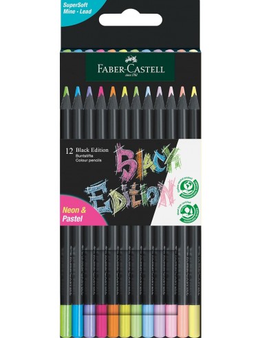 Faber-Castell Black Edition Pack de 12 Lapices de Colores Neon Pastel - Mina Supersuave - Madera Negra - Ideales para Dibujo