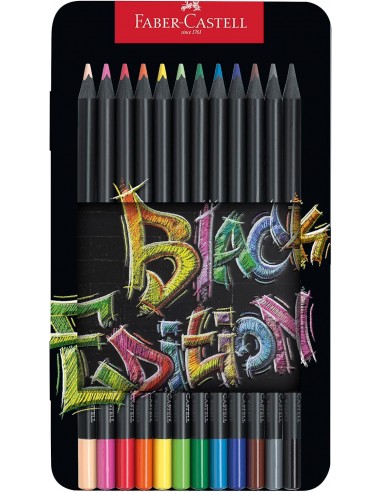 Faber-Castell Black Edition Caja Metalica de 12 Lapices de Colores - Mina Supersuave - Madera Negra - Ideales para Dibujo
