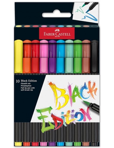 Faber-Castell Black Edition Pack de 10 Rotuladores Punta Pincel - Tinta a Base de Colorantes Alimentarios - Colores Surtidos