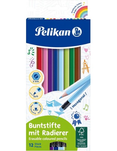Pelikan Caja de 12 Lapices de Colores Borrables Hexagonales - con Goma - Mina Antirotura - Certificacion FSC