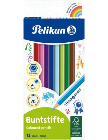 Pelikan Caja de 12 Lapices de Colores Hexagonales Lacados - Mina Antirotura - Certificacion FSC